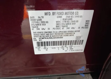 2020 Ford Edge Sel из США, поврежденный, VIN 2FMPK4J90LBA88480